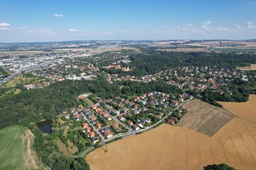 Pruhonice Castle a UNESCO World Heritage site, Pruhonice chateau palace and sprawling garden park with a lake aerial panorama landscape view, Bohemia, Czech Republic.
