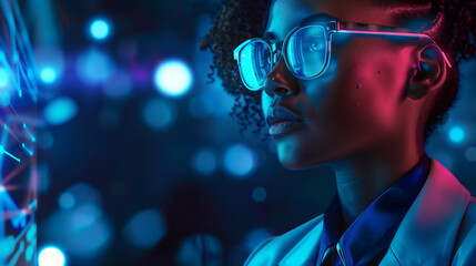 Black Female Cybersecurity Analyst Investigating AI Cyberspace Threats in High-Tech Data Centre, Blue Lighting, African American IT Specialist in Ethical Hacking