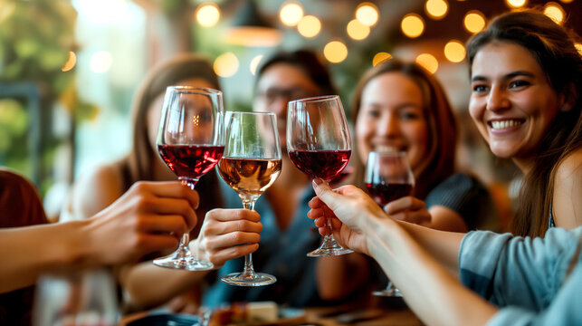  group of friends toasting with red wine at a dinner party, relishing each other's company and the rich flavors of their beverage in a warm, convivial setting.