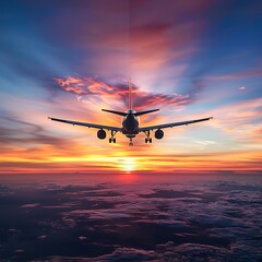 Airplane flying above the clouds at sunset.