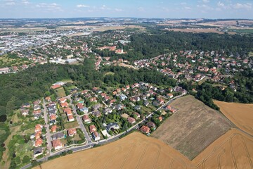 Pruhonice Castle a UNESCO World Heritage site, Pruhonice chateau palace and sprawling garden park with a lake aerial panorama landscape view, Bohemia, Czech Republic.
