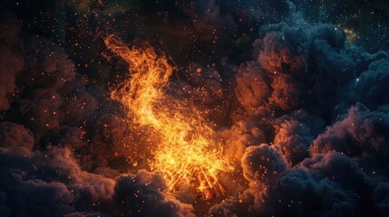 Fototapeta premium Marvel at the mesmerizing beauty of a roaring bonfire, as flames leap and dance amidst a cloud of swirling smoke, casting a warm and inviting glow against the darkness, 