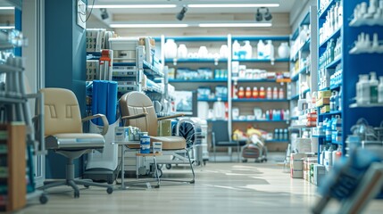 Fototapeta premium Enhancing Mobility A Diverse Array of Supportive Aids and Comfortable Cushions in a Pharmacy