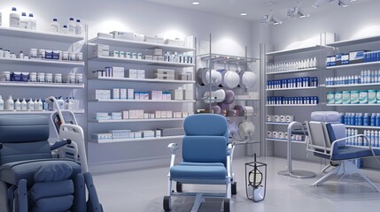 Fototapeta premium Enhancing Mobility A Diverse Array of Supportive Aids and Comfortable Cushions in a Pharmacy