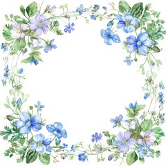 A delicate crown of watercolor wildflowers, such as forget-me-nots and violets, frames the white background, creating a feeling of airy elegance.