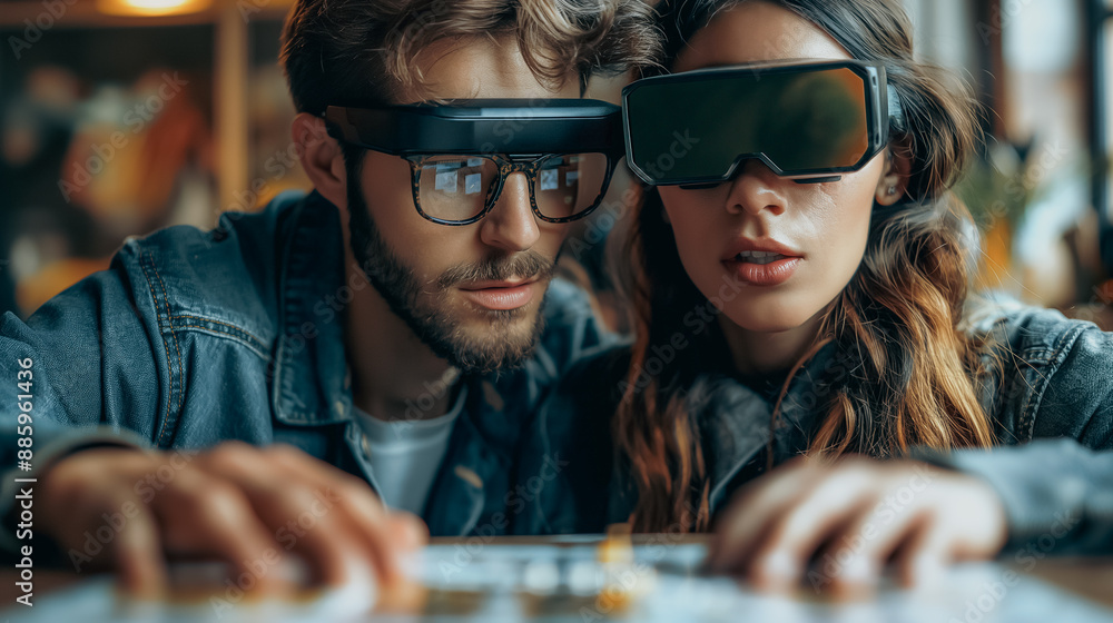 Poster team of designers using ar glasses in a modern workspace, seamlessly blending digital 3d models into