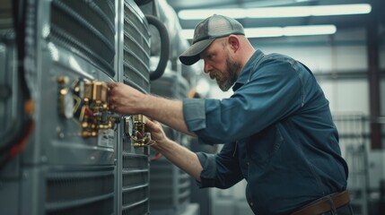 AC technician performing routine maintenance on a large factory air conditioning system, realistic photography