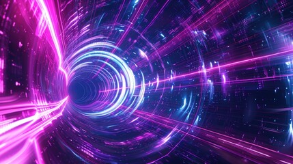 Fototapeta premium Mesmerizing abstract neon background depicting a space tunnel twisting to the left, illuminated by ultra violet rays and glowing lines,