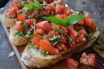 Freshly made bruschetta toasts with chopped tomatoes and basil leaves on wooden board
