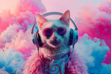 fantasy character with cat head in sunglasses and headphones wearing white jacket listening to music against pink and blue background