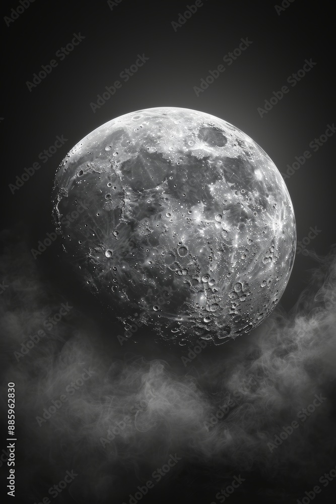 Wall mural The single moon on deep black background and smoke.