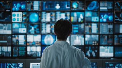 Data Delve Scientist in Lab Coat Analyzing Monitors with Research Findings