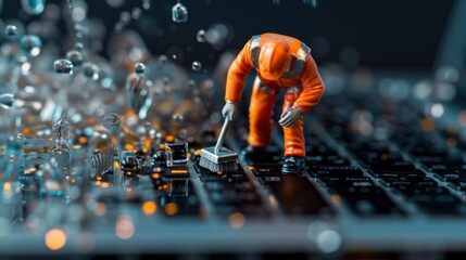 A miniature toy man dressed in a work uniform meticulously cleaning a laptop keyboard using a small brush in a tilt-shift photography style, with a brutalist and deconstructive background that