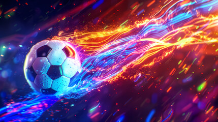 Soccer ball flying in colorful fire on fantasy background