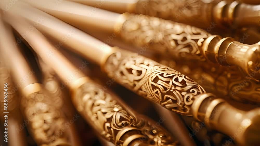 Poster detail of the intricate golden pattern on a pair of luxurious knitting needles made from highquality