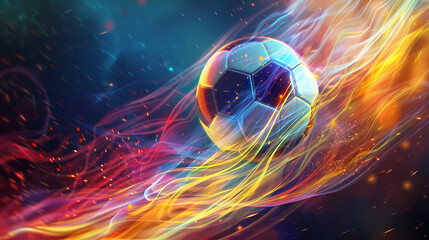 Soccer ball flying in colorful fire on fantasy background