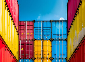 Fototapeta premium Stacked cargo containers in storage area of freight sea port terminal