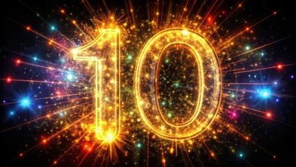 Vibrant glowing digit ten isolated on black background, surrounded by sparkling linear patterns, shimmering with luminescent abstract 3D render effects.