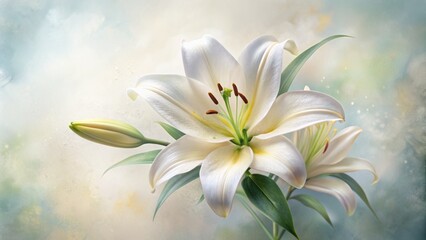 Fototapeta premium Delicate, creamy white lily blooms with soft, velvety petals and golden anthers against a crisp, pristine white watercolor background.