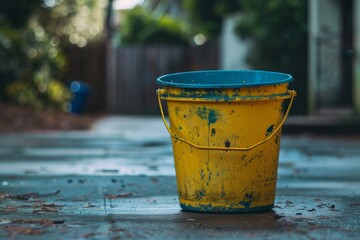 Old yellow bucket with blue rim standing on wet concrete after the rain