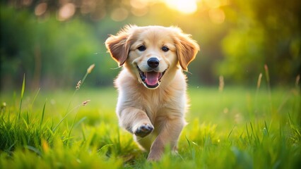 Adorable fluffy golden retriever puppy running freely in vibrant green meadow with joyful expression and wagging tail outdoors.
