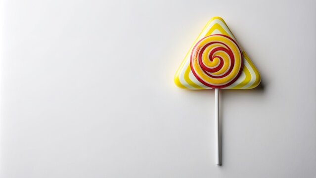 A minimalist white background featuring a lollipop with a warning symbol, conveying the danger of strangers and child safety awareness.