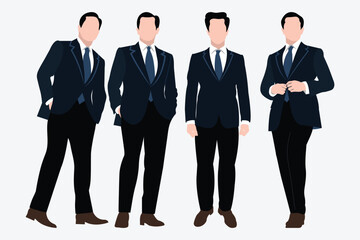 A group of four businessmen are standing in various poses. A group of  businesspeople are standing and posing. Business people vector. Male business character illustration isolated on white background