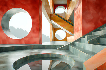 A red and orange room with a circular window and a staircase. The room is empty and has a modern design