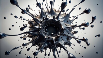 Abstract chaotic dark liquid droplets radiate outward from central point on pristine white background in dynamic splattered pattern.