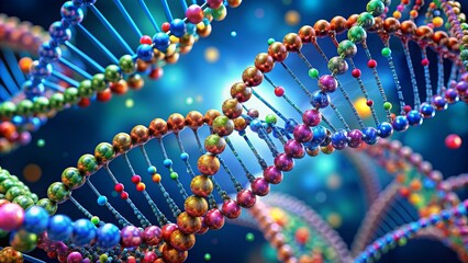 Vibrant 3D rendered illustration of a double helix DNA molecule with colorful nucleotides arranged in a mesmerizing spiral structure.