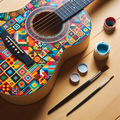 A colorful guitar rests on a table.Art meets music: a vibrantly painted guitar.