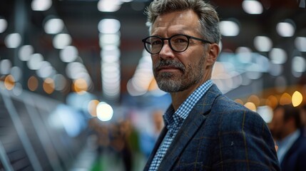 Obraz premium Businessman at a renewable energy expo, realistic photography