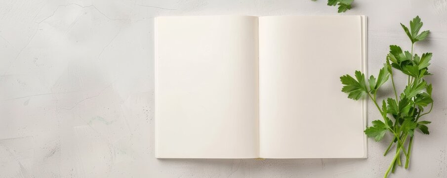 Open blank recipe book with green parsley leaves on light gray background. Ideal for culinary projects, cookbook designs, or kitchen decor.
