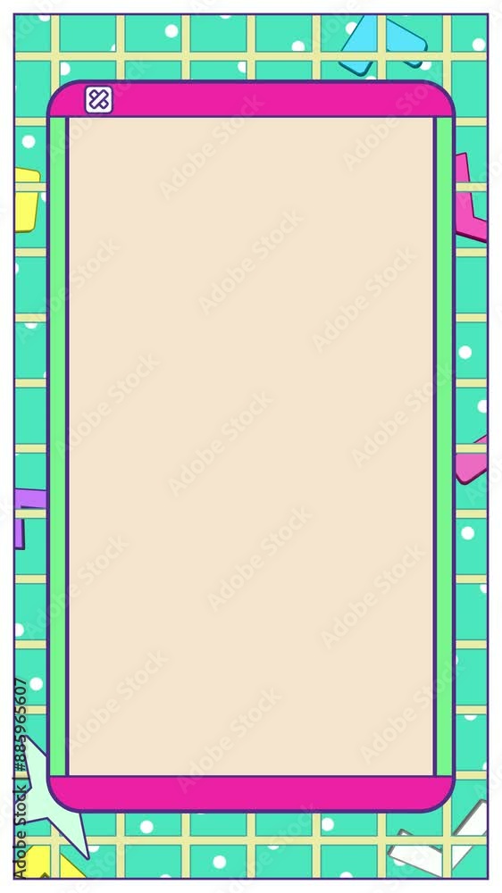 Poster abstract vertical cute bright colorful frame in 90s memphis style with grid texture pattern.