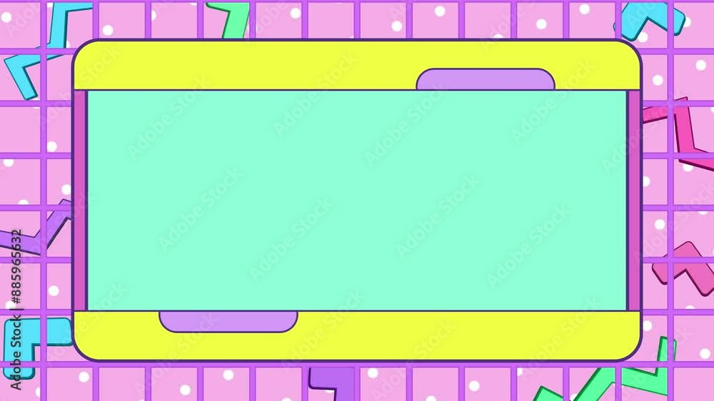 Poster abstract cute bright colorful frame in 90s memphis style with grid texture pattern.