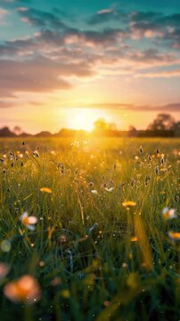 beautiful vertical nature background with bright sunrise on spring meadow seamless looping overlay 4k virtual video animation background