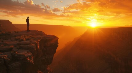 Sunset Serenity Silhouette of Adventurous Explorer Embracing Nature's Grandeur at Cliff's Edge