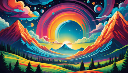 Obraz premium Colorful Fantasy Landscape with Mountains and Planets