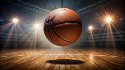 Courtside view of a basketball in mid-air, suspended above the polished wood floor, spinning with dramatic shadows and highlights.