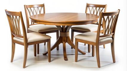 Elegant modern wooden round dining table with matching chairs isolated on a pure white background with subtle shadows.