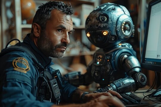 Cyberpunk fusion  latino security officer and irobot at computer, both with raised arms