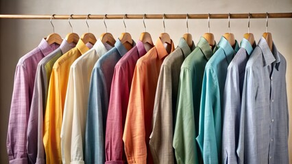 Vibrant array of freshly pressed linen shirts in diverse hues suspended from a sleek metal rack against a neutral background.