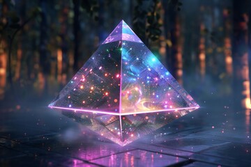 3D rendering of a floating abstract pyramid with holographic textures , generated by ai