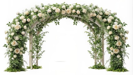Intricate Arch of white climbing roses with delicate floral design, perfect for wedding decorations, beautifully illustrated in detailed isolation on white.