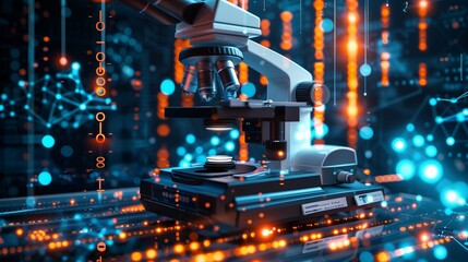 Microscope enhanced by glowing blue and orange lights, digital data streams signify scientific research.