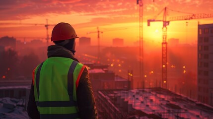 Fototapeta premium Dawn of Progress Construction Worker in High Visibility Vest Overseeing Site Development and Industry Concept