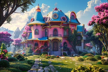 Obraz premium Enchanting and colorful futuristic farmhouse in cartoon style in a magical city in 3D render cartoon style , generated by ai