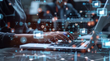 Worker on a laptop with digital icons around, symbolizing AI's role in global business connectivity.