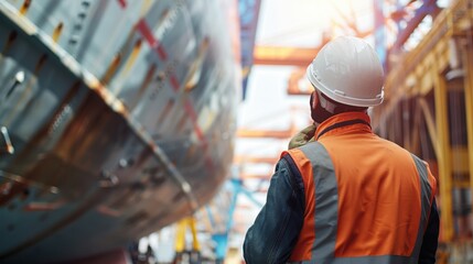 An industrial worker in a safety helmet and reflective vest closely inspecting a ship's hull at the dockyard on the first sale day of the maritime industry, with ample copy space for text