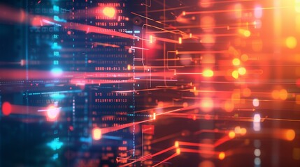 Abstract tech theme with glowing digital flowcharts, foreground softly focused for effect.